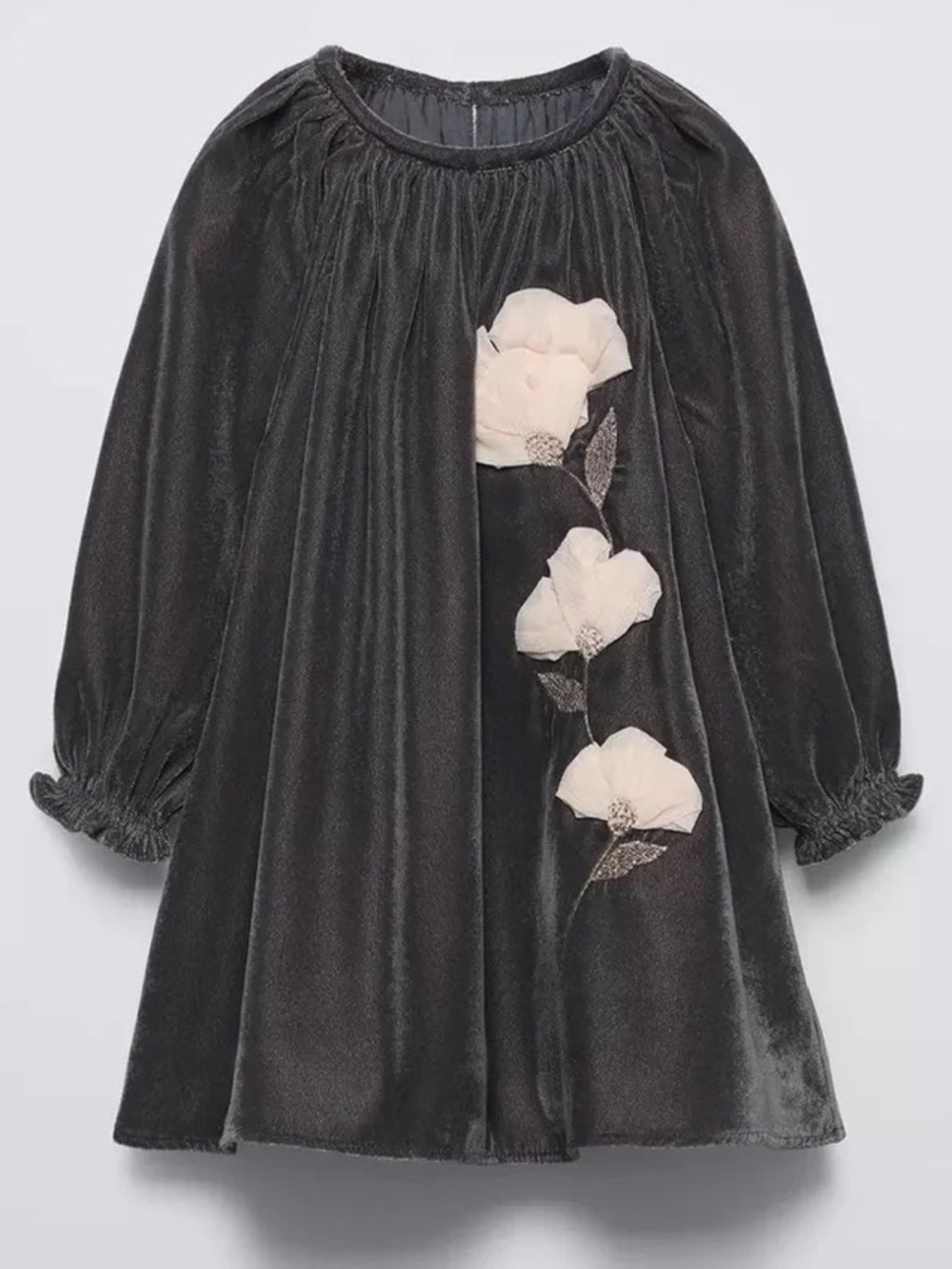 Zara Black Velvet Dress with Cream Floral Appliqués